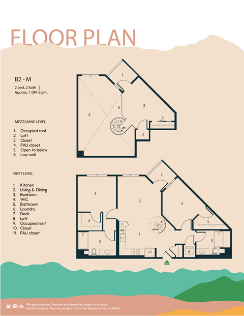 A floor plan for a property B2-M with a Mezzanine Level and First Level, including a kitchen, living and dining area, bedrooms, bathrooms, laundry, deck, and closets.